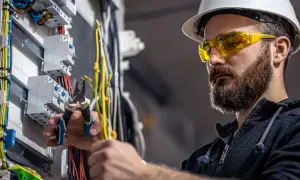Elektryk w okularach ochronnych i kasku pracuje przy skrzynce z bezpiecznikami, wykonując pkd instalacje elektryczne.