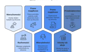 Wykres przedstawia rodzaje aportów do spółki akcyjnej: nieruchomości, prawa majątkowe (autorskie, patenty, znaki towarowe, know-how, użytkowanie wieczyste, hipoteki), przedsiębiorstwo, ruchomości, wierzytelności i udziały/akcje.
