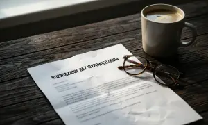 Dokument "Rozwiązanie bez wypowiedzenia" leży obok okularów i kawy. Może to oznaczać zwolnienie dyscyplinarne powody.