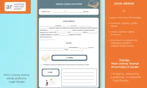 Wzór umowy licencji na utwór, z polami do wypełnienia danych stron, z sekcją "Legal Design" opisującą zalety dokumentów.