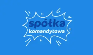 Biały dymek z napisem "spółka komandytowa" na niebieskim tle.