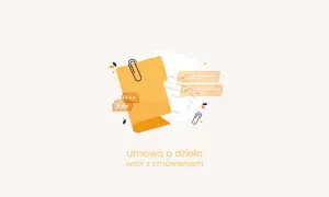 Ilustracja przedstawia dokumenty, spinacz i dymki czatu, symbolizujące umowę o dzieło po angielsku.