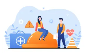Ilustracja z ludźmi, apteczkami, kaskiem i znakiem ostrzegawczym.