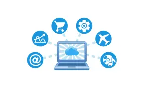 Laptop z chmurą i ikonami symbolizującymi handel, ustawienia, podróże, muzykę i pocztę. To ilustracja świadczenia usług drogą elektroniczną.