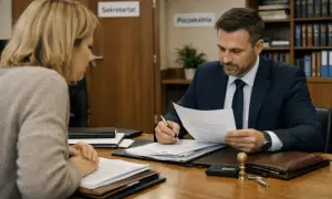 Mężczyzna w garniturze wyjaśnia kobiecie, ile kosztuje poświadczenie dziedziczenia u notariusza.