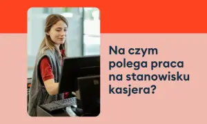 Uśmiechnięta kasjerka sprzedawca, kod zawodu 5223.01, pracuje przy kasie w sklepie, obsługując klienta.