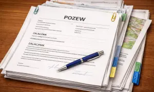 Stos dokumentów z nagłówkiem "POZEW" i niebieskim długopisem. To materiały pomocne, gdy zastanawiasz się, jak napisać pozew.
