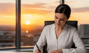 Kobieta w biurze pisze dokument. Czy można zwolnić pracownika w okresie ochronnym? Zachód słońca za oknem.