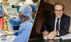 Chirurdzy analizują obraz medyczny, podczas gdy biznesmen w garniturze pisze. To pokazuje, jak rokowania co to, czyli prognozy, są ważne w medycynie i biznesie.