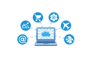 Laptop z chmurą i ikonami symbolizującymi handel, ustawienia, podróże, muzykę i pocztę. To ilustracja świadczenia usług drogą elektroniczną.