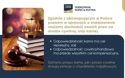 Prawo cywilne i karne chronią przed zniesławieniem. Waga i młotek sędziowski symbolizują sprawiedliwość i dochodzenie praw.