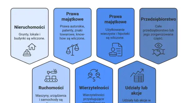 Wykres przedstawia rodzaje aportów do spółki akcyjnej: nieruchomości, prawa majątkowe (autorskie, patenty, znaki towarowe, know-how, użytkowanie wieczyste, hipoteki), przedsiębiorstwo, ruchomości, wierzytelności i udziały/akcje.
