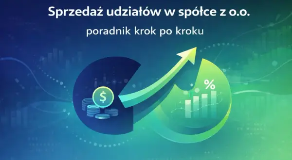 Sprzedaż udziałów w spółce z o.o. - poradnik krok po kroku. Grafika przedstawia rosnący wykres i stos monet z symbolem dolara.
