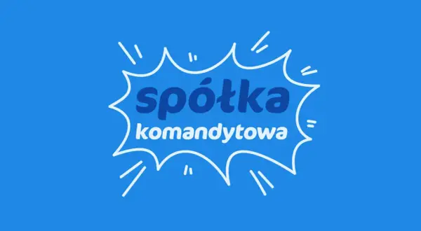 Biały dymek z napisem "spółka komandytowa" na niebieskim tle.