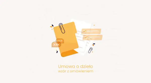 Ilustracja przedstawia dokumenty, spinacz i dymki czatu, symbolizujące umowę o dzieło po angielsku.