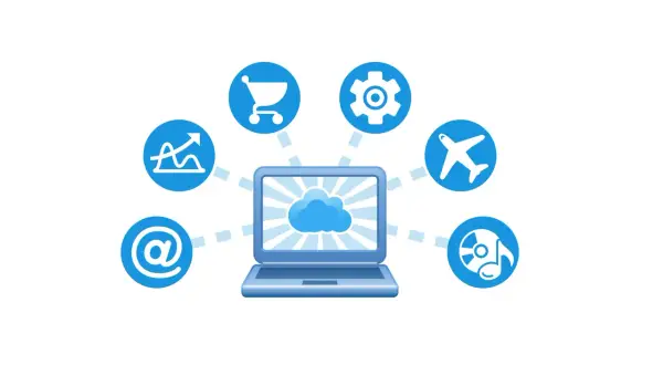 Laptop z chmurą i ikonami symbolizującymi handel, ustawienia, podróże, muzykę i pocztę. To ilustracja świadczenia usług drogą elektroniczną.