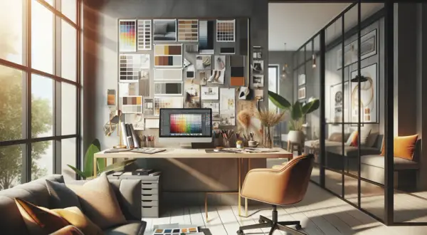 Inspiracja do pkd wykończenie wnętrz: moodboard, komputer z paletą kolorów, próbki materiałów i wygodna sofa.