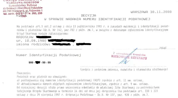 Decyzja Urzędu Skarbowego o nadaniu numeru identyfikacji podatkowej (NIP).