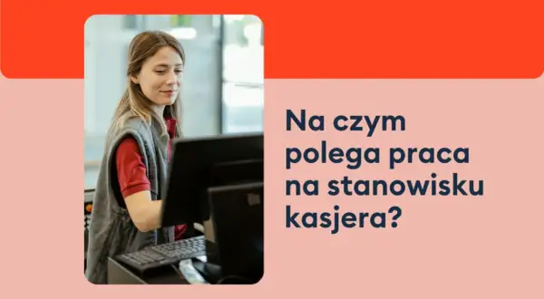Uśmiechnięta kasjerka sprzedawca, kod zawodu 5223.01, pracuje przy kasie w sklepie, obsługując klienta.