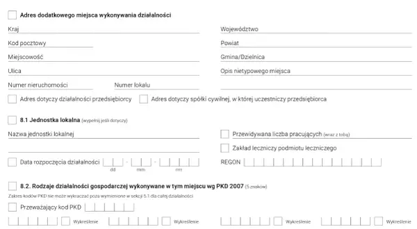 Fragment formularza CEIDG dotyczący dodatkowych miejsc wykonywania działalności gospodarczej i kodów PKD.