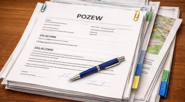 Stos dokumentów z nagłówkiem "POZEW" i niebieskim długopisem. To materiały pomocne, gdy zastanawiasz się, jak napisać pozew.