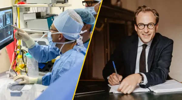Chirurdzy analizują obraz medyczny, podczas gdy biznesmen w garniturze pisze. To pokazuje, jak rokowania co to, czyli prognozy, są ważne w medycynie i biznesie.
