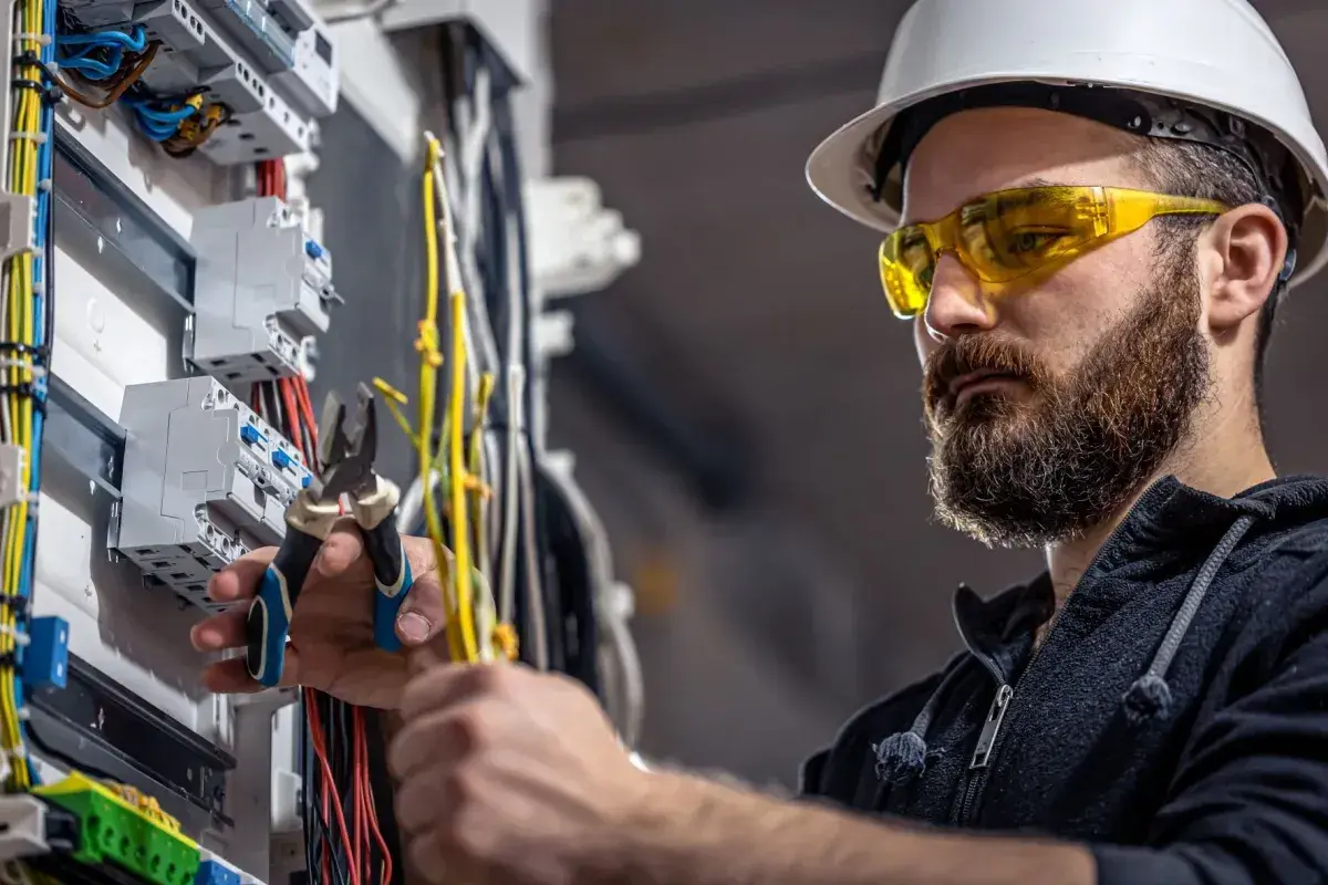 Elektryk w okularach ochronnych i kasku pracuje przy skrzynce z bezpiecznikami, wykonując pkd instalacje elektryczne.