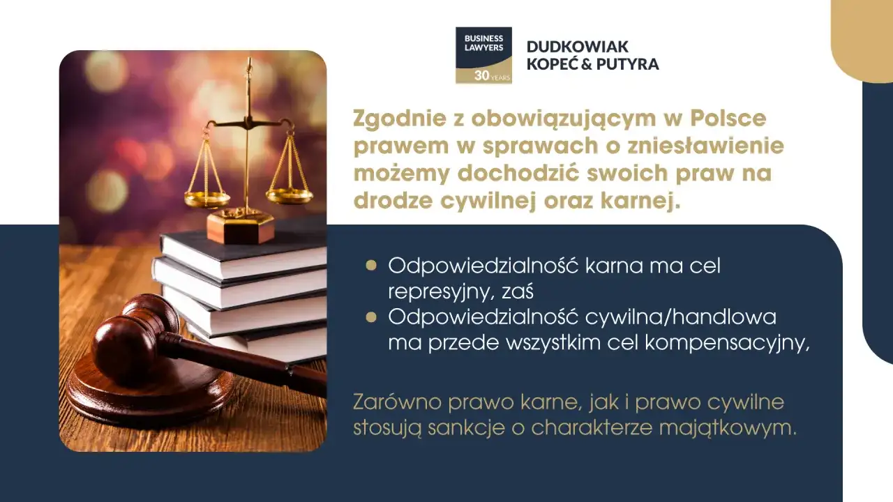 Prawo cywilne i karne chronią przed zniesławieniem. Waga i młotek sędziowski symbolizują sprawiedliwość i dochodzenie praw.