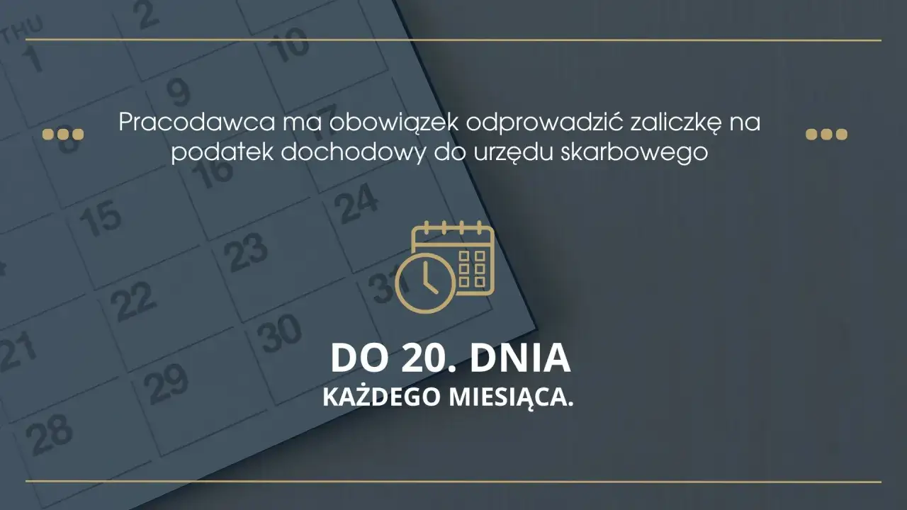 Płatnik, czyli pracodawca, ma obowiązek odprowadzić zaliczkę na podatek dochodowy do urzędu skarbowego do 20. dnia każdego miesiąca.