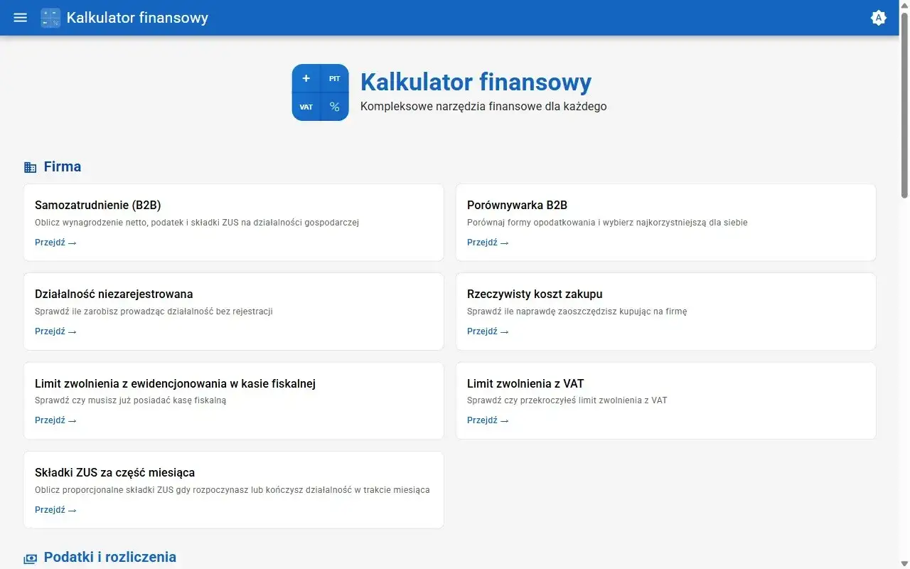 Kalkulator finansowy: oblicz wynagrodzenie netto, podatek i składki ZUS na działalności gospodarczej.