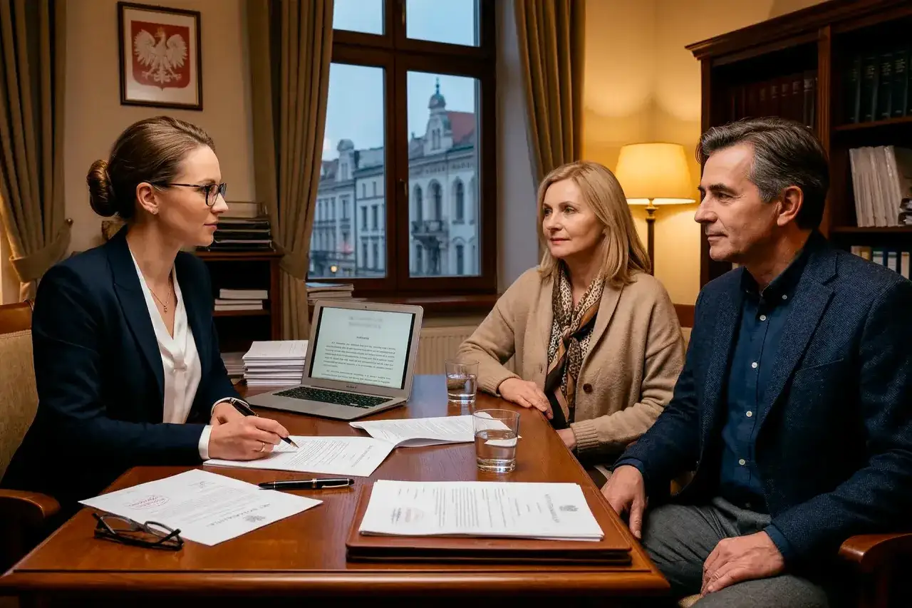 Prawniczka pomaga parze podpisać umowę rozdzielności majątkowej. Na stole dokumenty, laptop i szklanki z wodą.