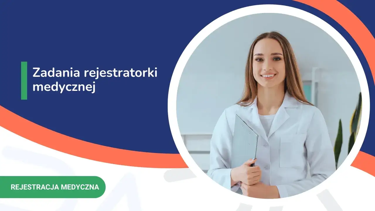 Uśmiechnięta rejestratorka medyczna w białym fartuchu trzyma teczkę. Poznaj jej kod zawodu i zadania.