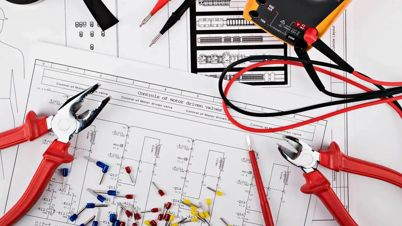 Narzędzia i schematy do pkd instalacje elektryczne. Kombinerki, miernik i złączki na tle rysunków technicznych.