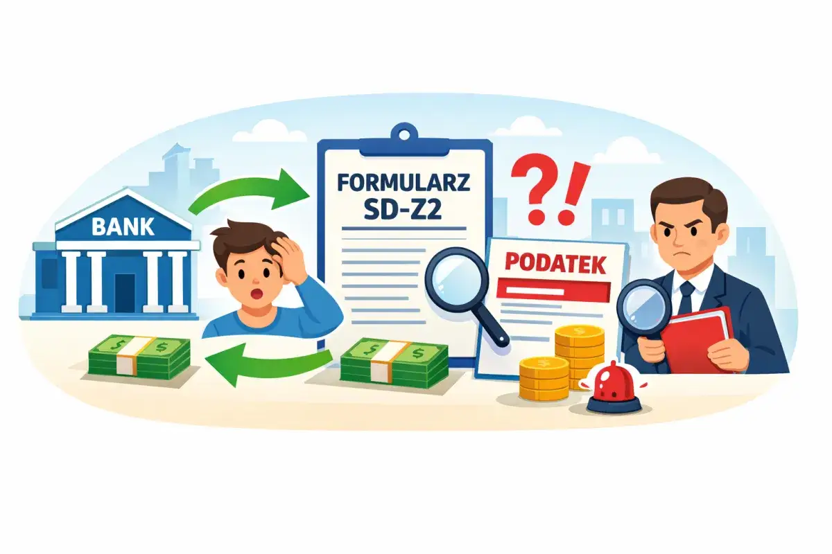 Chłopak zszokowany, bo darowizna od rodziców to podatek. Formularz SD-Z2 i urzędnik z lupą.