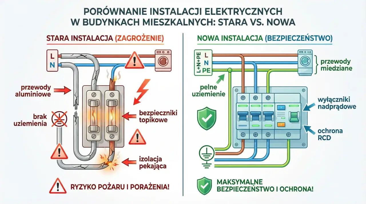 Porównanie starej instalacji elektrycznej z nową. Stara instalacja z przewodami aluminiowymi, brak uziemienia, pękająca izolacja, bezpieczniki topikowe, ryzyko pożaru. Nowa instalacja z przewodami miedzianymi, pełne uziemienie, wyłączniki nadprądowe, o...